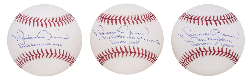 Lot of (3) Mariano Rivera Signed and Uniquely Inscribed OML Manfred Baseballs with "Cutter is a Gift From God" "Panama Express" and "Last to Wear 42" (JSA) 